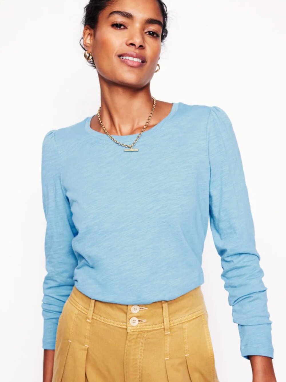 Boden Cotton Crew Long Sleeve Top - Size M, Duck Egg Blue